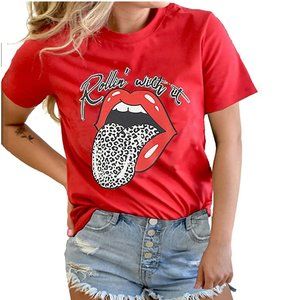 Short Sleeve Animal Leopard Lip Print T Shirt RED